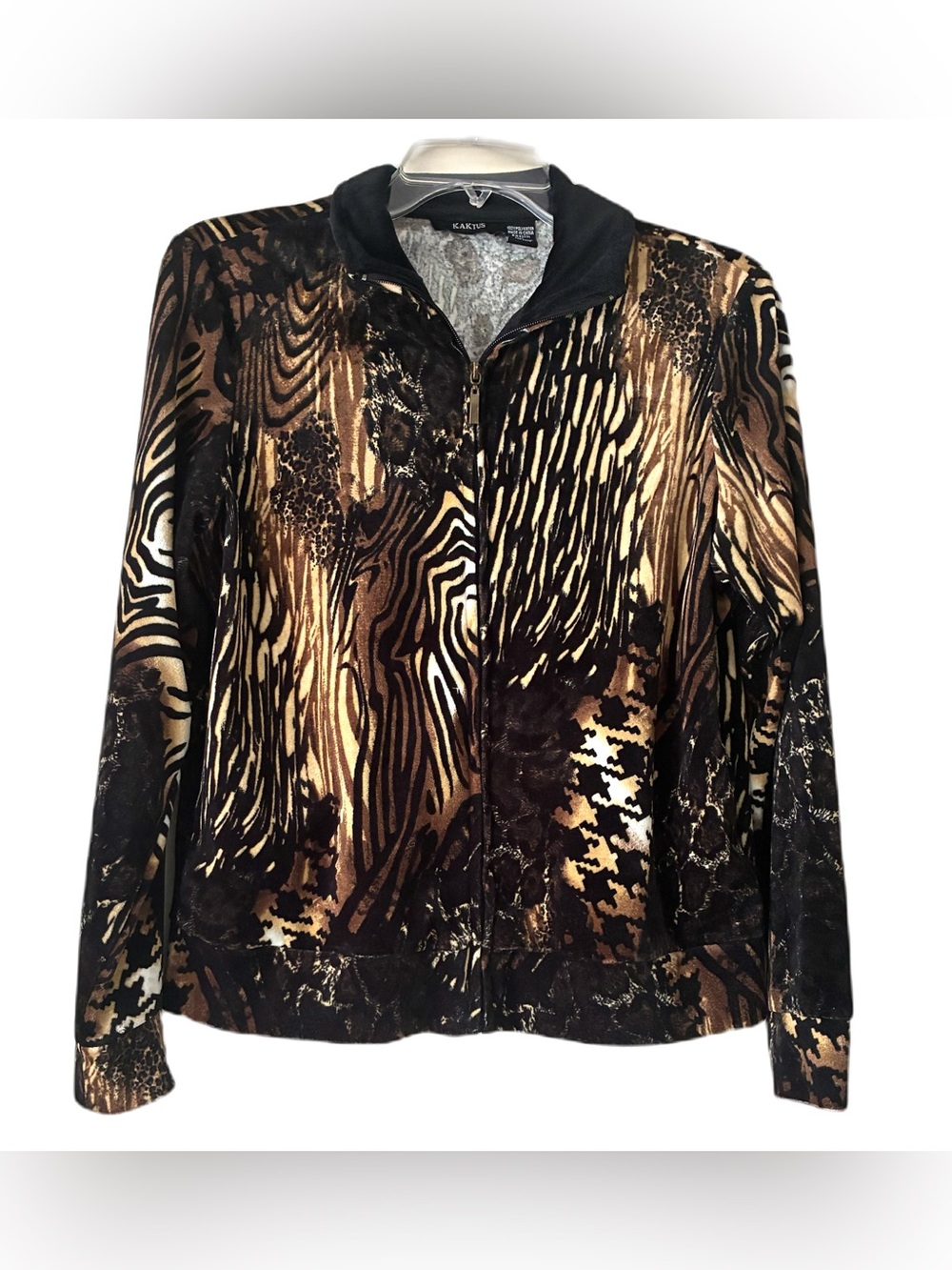 Kaktus Velour Track Jacket, Sz. M, Multi Pattern Animal Print, Black/Brown/Tan